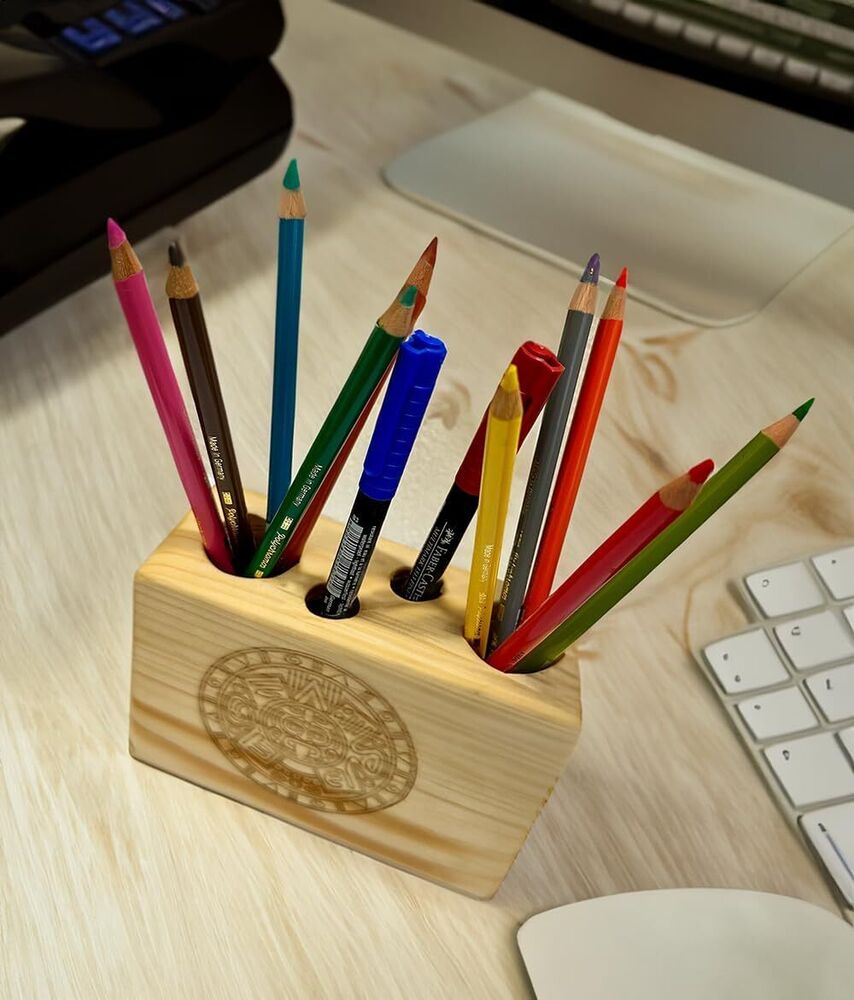 Pine Wood 4-Hole Desk Caddy Storage Organiser Pen Pencil Holder Office Decor