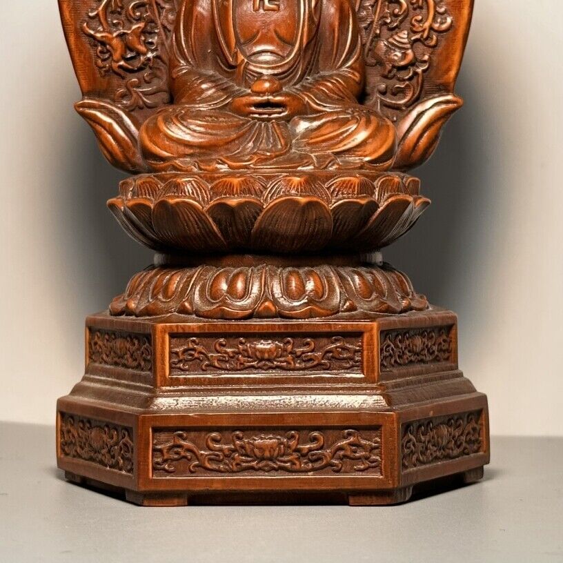 Vintage Chinese Antique Wooden Carving Medicine Buddha Statue Wood Sculpture Art