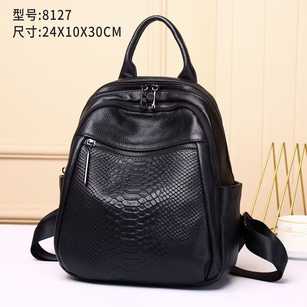 Top Cow Leather Black Women's bag, Crocodile Print Leather Backpack Travel Bags