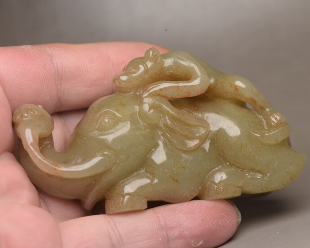 Chinese Natural Hotan Jade Carved Elephant Monkey Statue Exquisite Sculpture Art