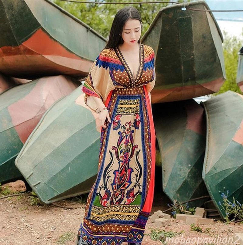 New Women Traditional African Print Party Dresses V-neck Beach Long Dress