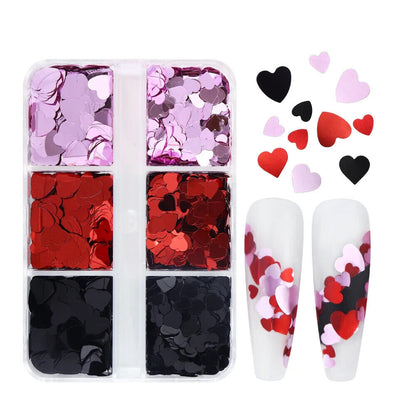 Nail Glitter Sequins 6Grids Mixed Red Black Heart Valentine's Day Manicure Decor