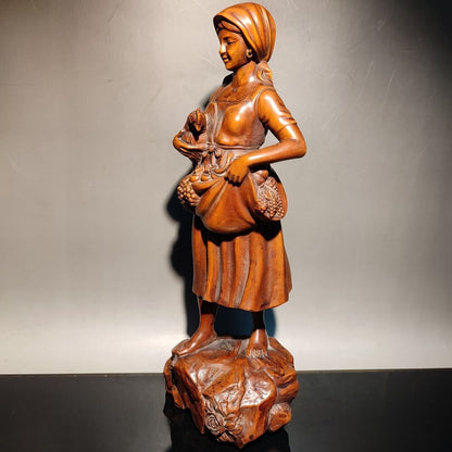 vintage wood carving Boxwood wooden sculpture happy farmer big harvest Figurine