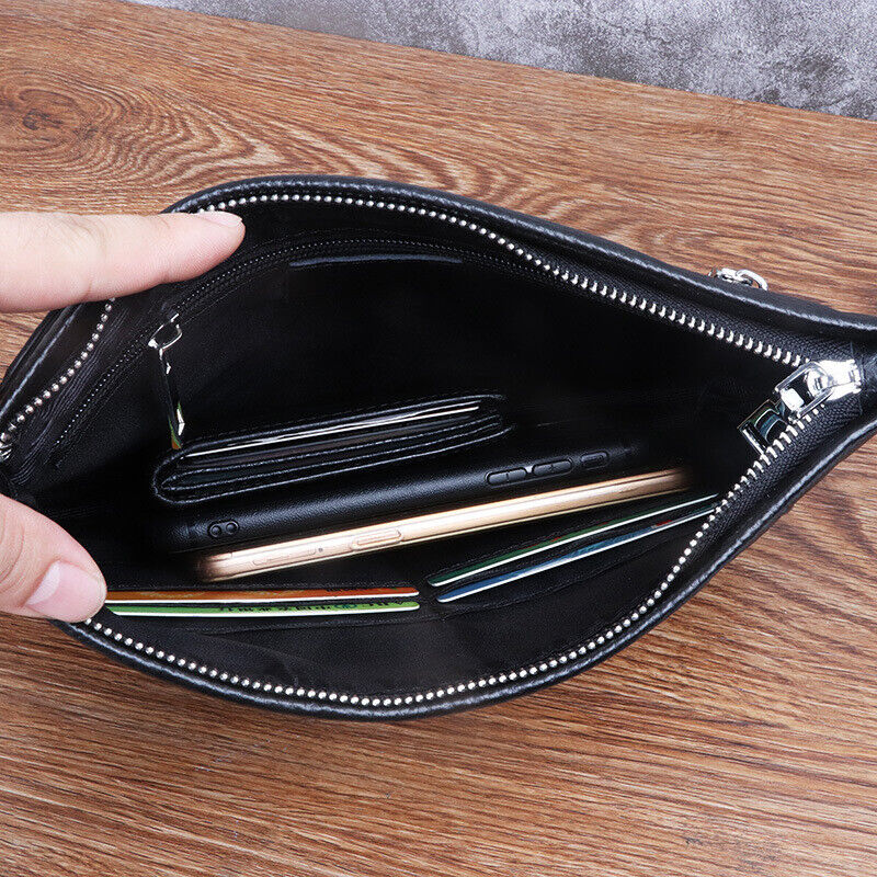 100% Genuine Leather Men Black Wallet Clutch Leaves Embossed Zipper Envelope Bag