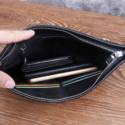 100% Genuine Leather Men Black Wallet Clutch Leaves Embossed Zipper Envelope Bag