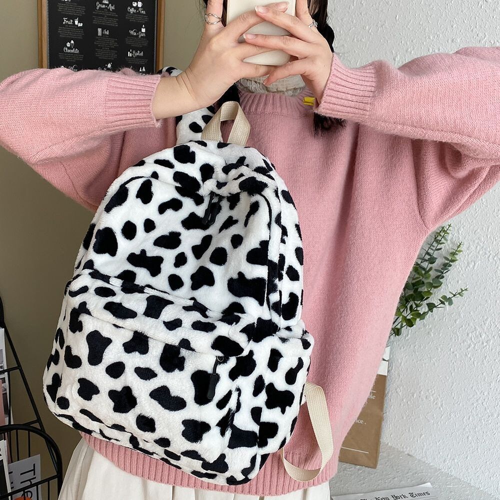 Warm Plush Backpack Teenager School Bag Cow Print Multi-Pocket Travel 37*27*10CM
