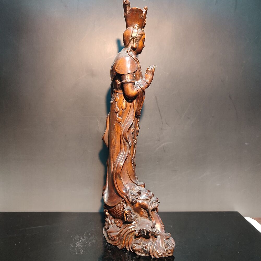 Buddhism Carved Sharks kwan yin Guan Statue Wooden Quan Bodhisattva Praying Rare