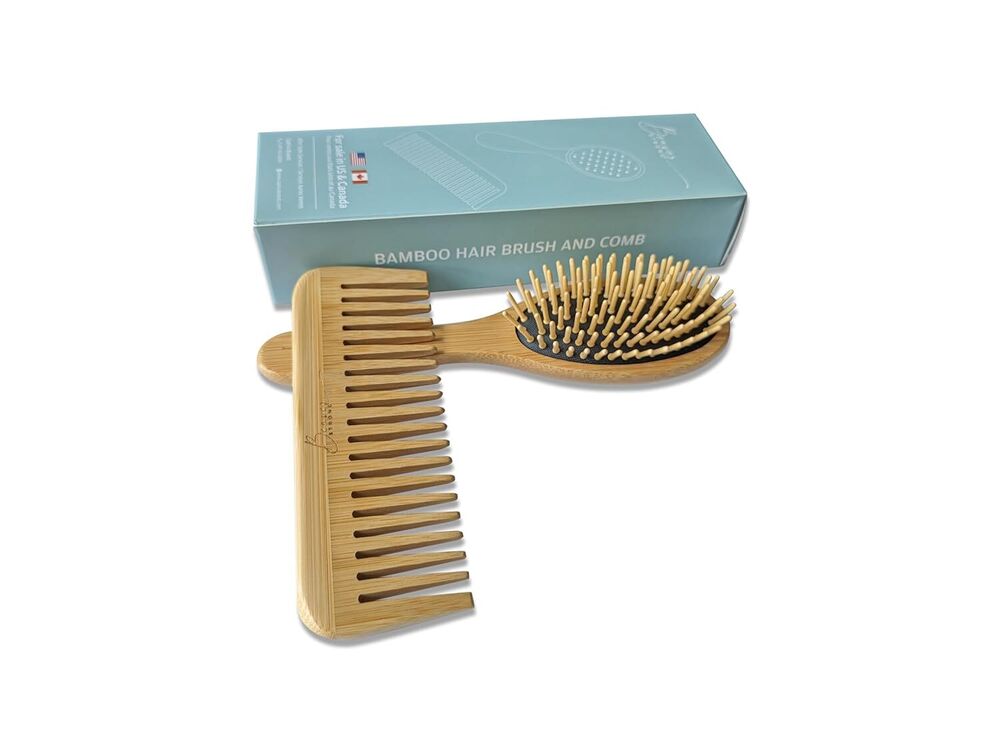 Wooden Hair Brush and Comb Set Natural Stylish Eco-Friendly Design Gift Set of 2