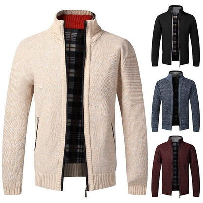 Men's Cardigan Sweater Fall Stand Collar Fleece Full Zip Male Clothing Coat