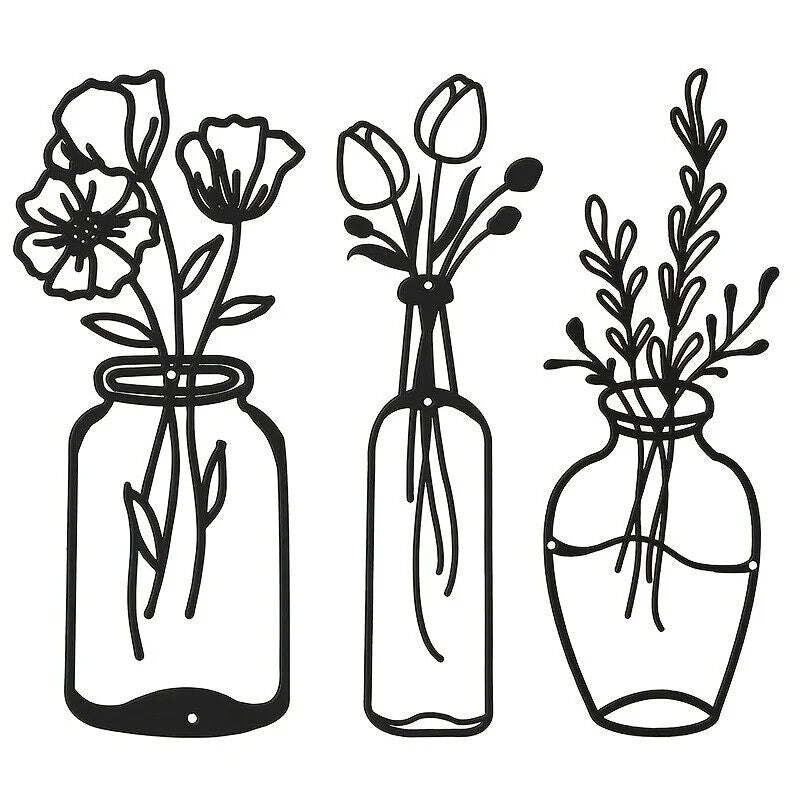 3pcs Metal Flower Wall Decor, Vase Wall Art Tulip Wire Iron Decor, Floral Wall