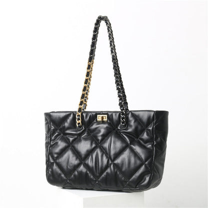 Quilted Lambskin Leather Black Tote w/ Chains Shoulder Bag Purse Handbag Fashion