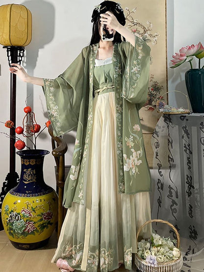 Chinese Hanfu Dress 3PCS Set Tea Green Flowing Maxi Dress Chinese Ancient Women