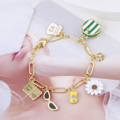 Kate Spade Enamel Glaze Daisy Car Handbag Glasses Pendant Charm Fashion Bracelet