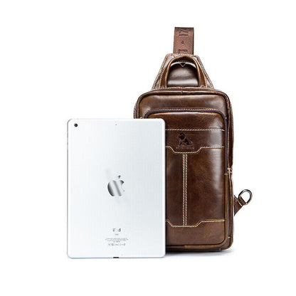 100% Genuine Leather Men's Chest Bag Vintage Crossbody Bag Sling Backpack Hiking