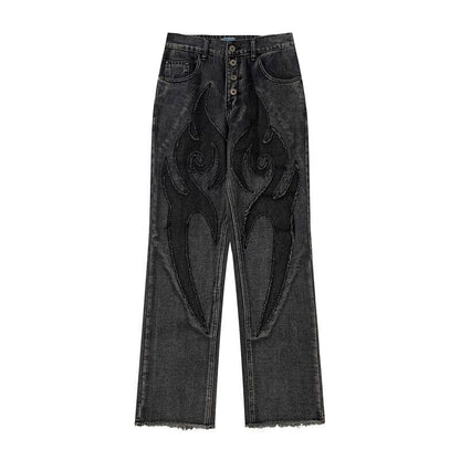 Men Patchwork Embroidery Casual Denim Pants Elastic Waist Baggy Jeans Trousers