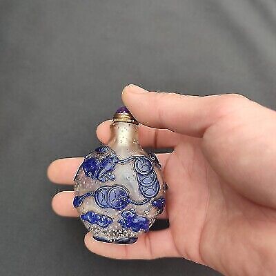 vintage peking glass snuff bottle collect carving bat statue box blue mouse art
