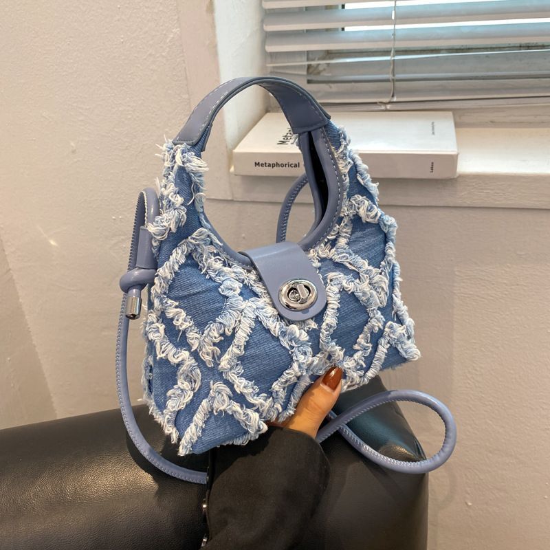 Retro Denim Shoulder Bag Half Moon Small Purse Messenger Tassel Clutch Handbags