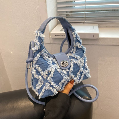 Retro Denim Shoulder Bag Half Moon Small Purse Messenger Tassel Clutch Handbags