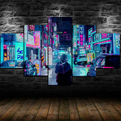 Neon Night City Japan Street 5 Piece canvas Wall Art Print Poster Home Decor