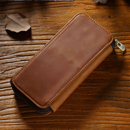 Handmade Cowhide Leather Zipper Pen Case, Pencil Case Stationery Storage Bag
