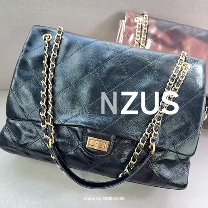 33/39cm Large Quilted Real Leather Flap Purse Shoulder Bag Chain Handbag Fashion