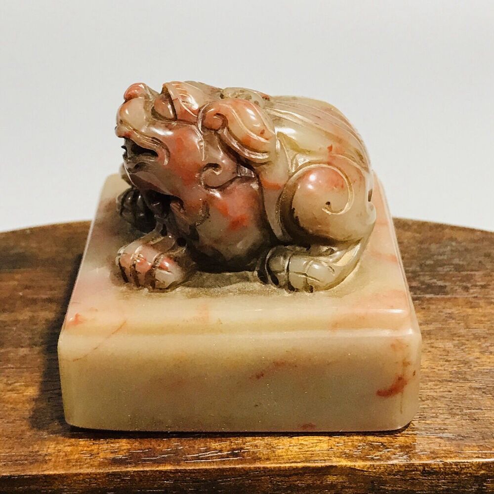 Chinese Fuzhou Shoushan Stone Carving Nice Beast Seal Statue Figurines Art Work