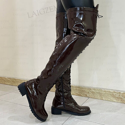 Women Over Knee Boots Round Toe Wide 5CM Mid Heels Boots Side Zip Shoes Woman