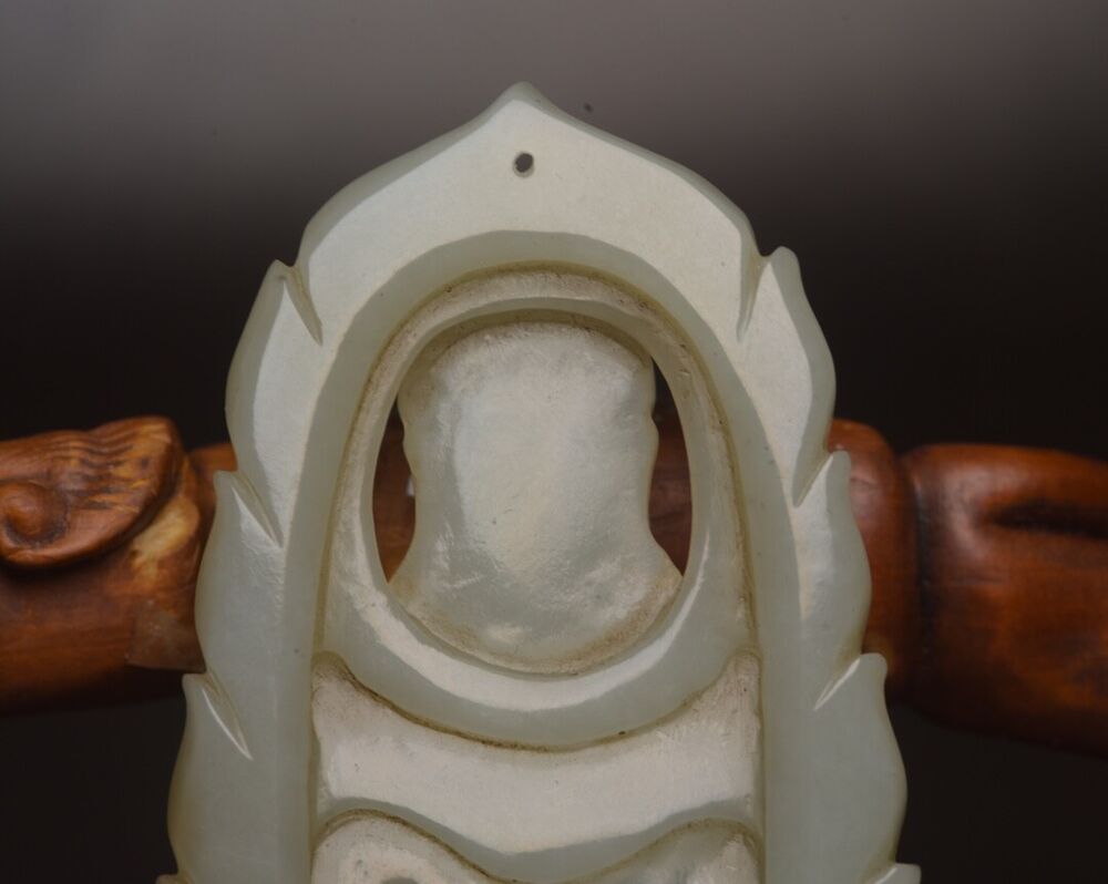 Chinese Antique Hetian Jade Carved Kwan Yin Statue Good Luck Pendant Jewelry Art