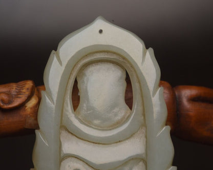 Chinese Antique Hetian Jade Carved Kwan Yin Statue Good Luck Pendant Jewelry Art