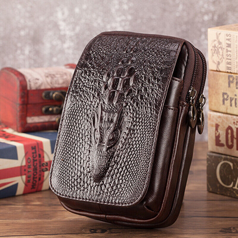 100% Genuine Leather Men's Crocodile Pouch Hook Funny Belt Pack Waist Bag