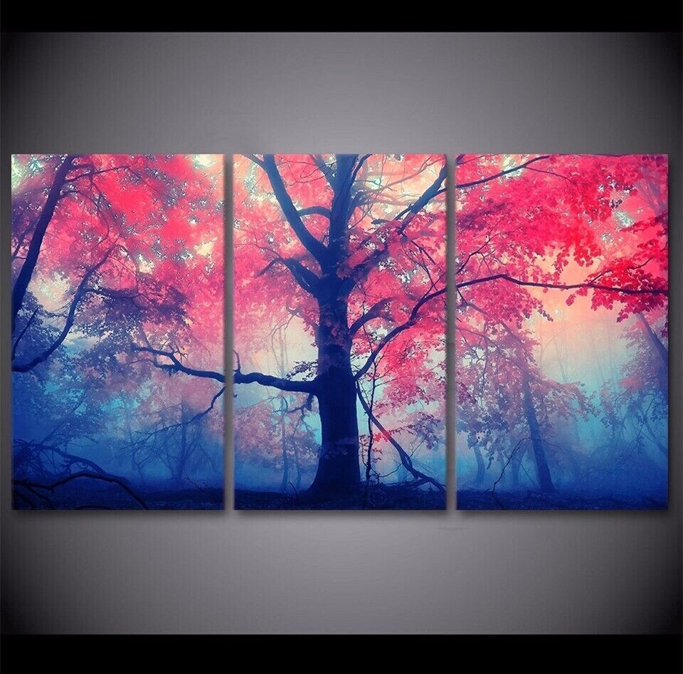 Pink Forest Tree Scenery 3 Pieces Canvas Print Wall Art Poster Home Decor