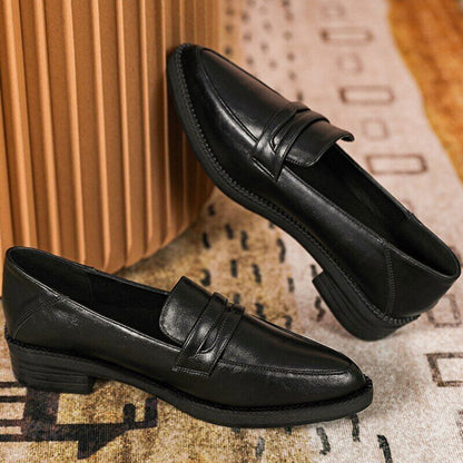 Leather Shoes Women Flats Slip on Loafers Brogue Shoes Thick Heel Oxfords