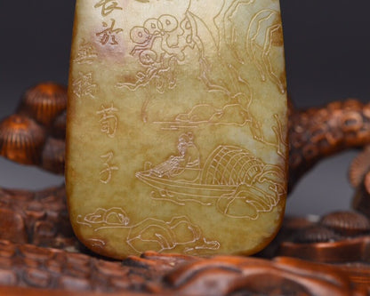 Chinese Natural Hetian Jade Carving Landscape Statue Exquisite Pendant Jewelry