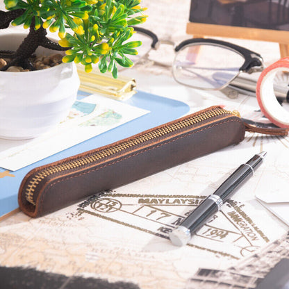 Handmade Cowhide Leather Vintage Zipper Pencil Case mini Single Pen Bag