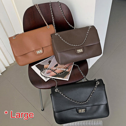 Real Leather Small Flap Purse Shoulder Bag Double Chains Crossbody Work Handbag