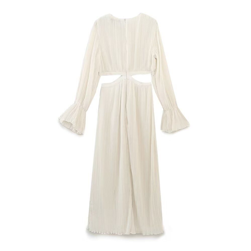 Women French Open Waist Trumpet Sleeve Fold Dress Vintage Female Dresses