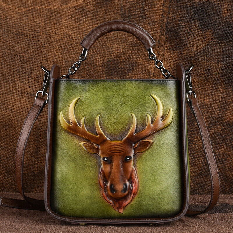 Designer Women's Genuine Leather Retro Handbags Deer Embossed Sling Shoulder Bag