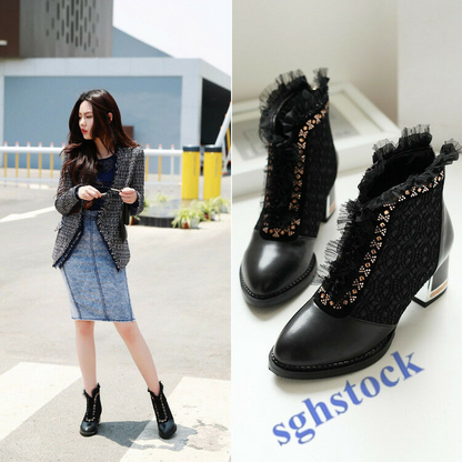 Womens Gladiator Low Block Heel shoes Ankle Boots Mesh Lace Crystal Zip Punk New