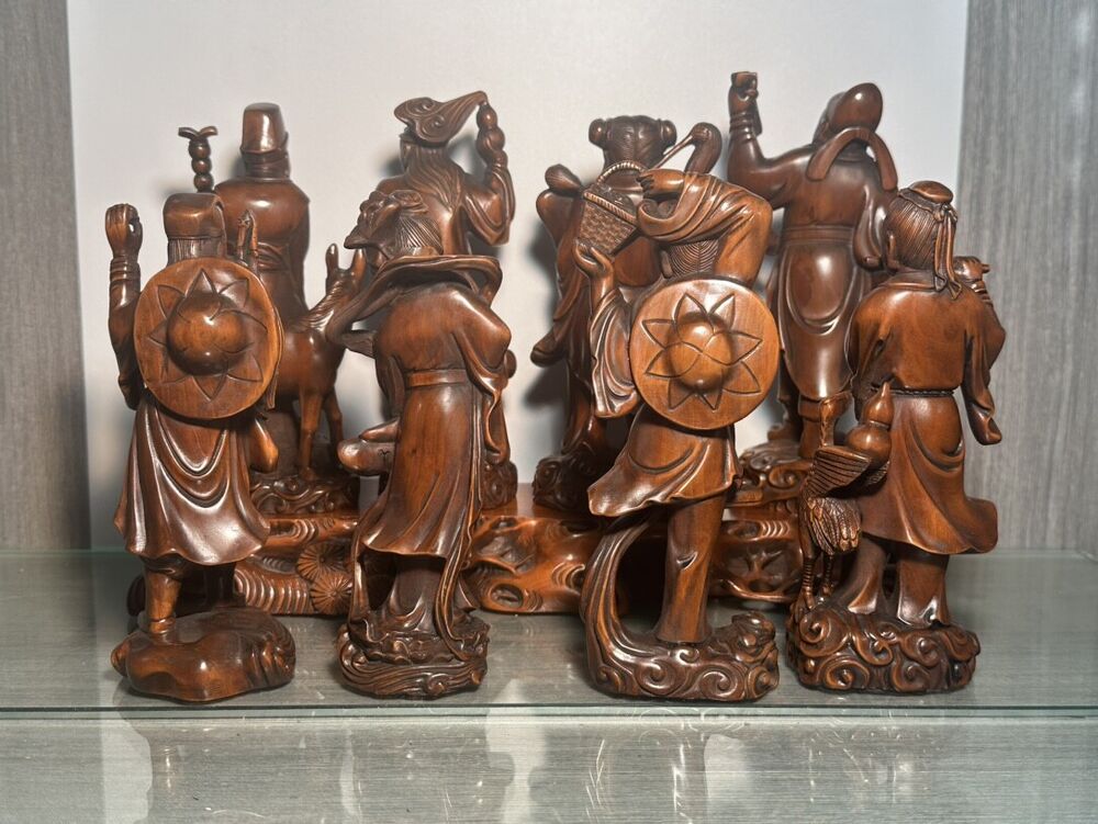 Chinese Wood Carved Boxwood Eight Immortals Statue Sculptures Home Decor Artwork