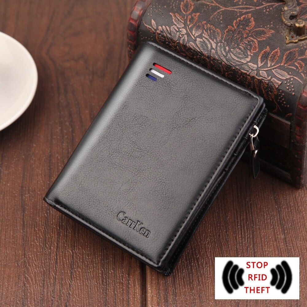 CarrKen Men's Leather Bifold Wallet Slim Business ID Card Pocket Holder Zipper