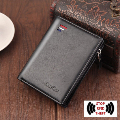 CarrKen Men's Leather Bifold Wallet Slim Business ID Card Pocket Holder Zipper
