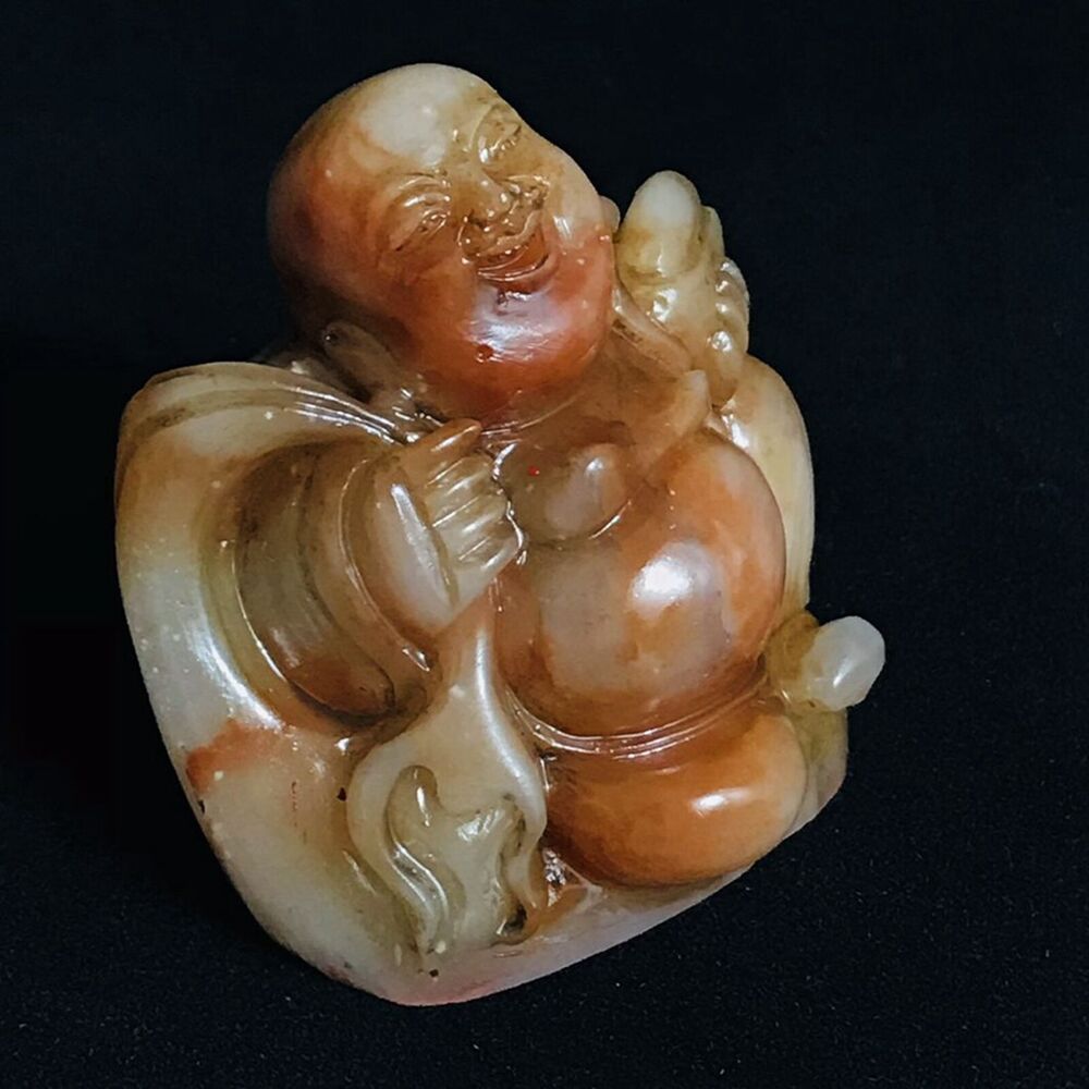 Antique Chinese Shoushan Stone Carved Laughing Buddha Statue Seal Carving Seals