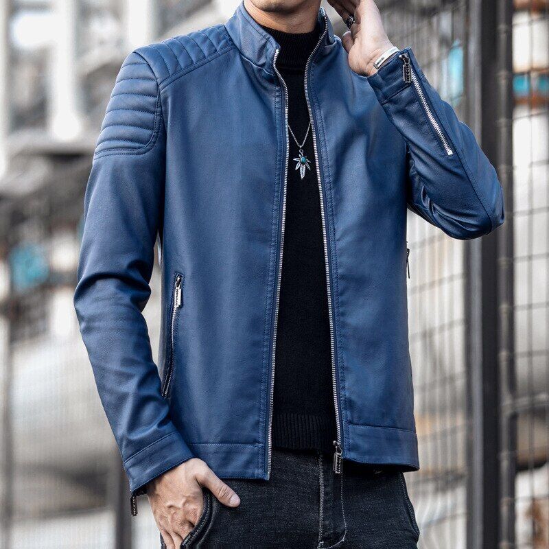 Pu Jacket Men Jacket Male Stand Collar Windbreaker Mens Clothing Black Blue