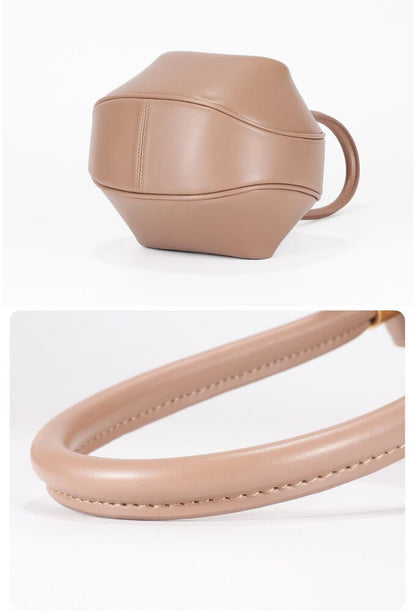 Real Leather Wonton Round Pouch Clutch Purse Top Handle Tote Handbag Grab Bag