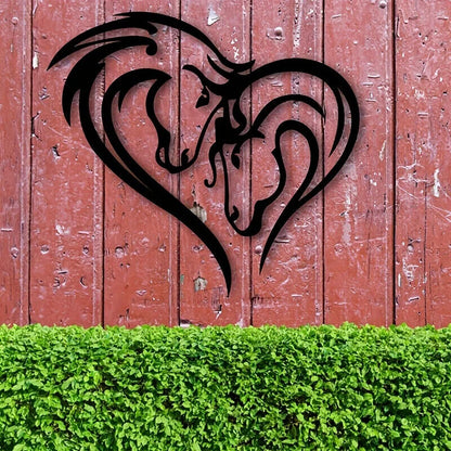 1pc Silhouette Double Horse Head Metal Wall Art, Heart Metal Wall Decoration