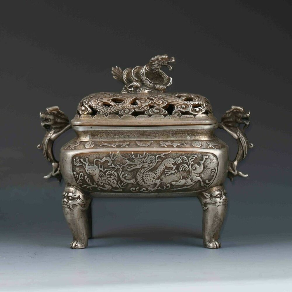 Chinese Tibetan Silver Hand-carved Dragon Incense Burner&Lid XuanDe Mark