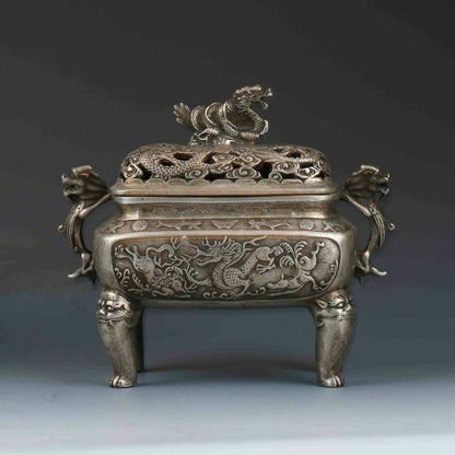 Chinese Tibetan Silver Hand-carved Dragon Incense Burner&Lid XuanDe Mark