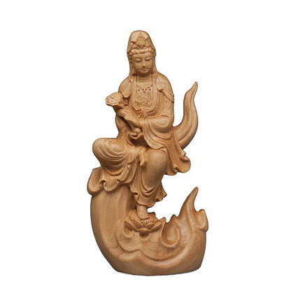 Wood Carving Flame Guanyin Decorative Statue Chinese Feng Shui Bedroom Figurines