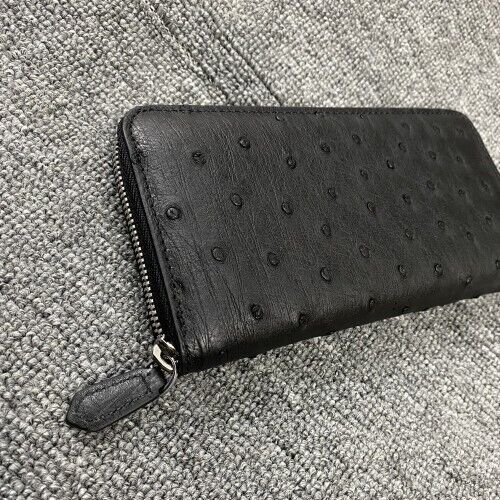 Black Real Ostrich skin Leather Men's Clutch Bag Business Long Zipper Wallet