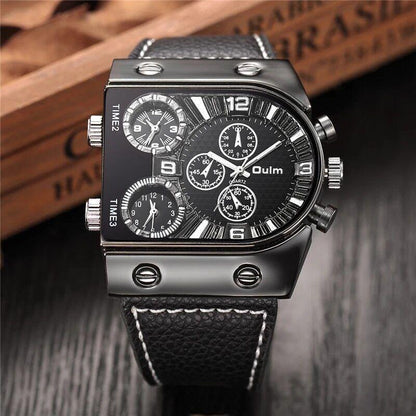 Reloj De Pulsera Grande Cuarzo Multi-zona Correa De Cuero Deportes Para Hombres